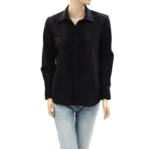 Nili Lotan Nathael Shirt Tunic Top Buttondown Ruffle Cotton Black XS NEW 283748 - Picture 5 of 8